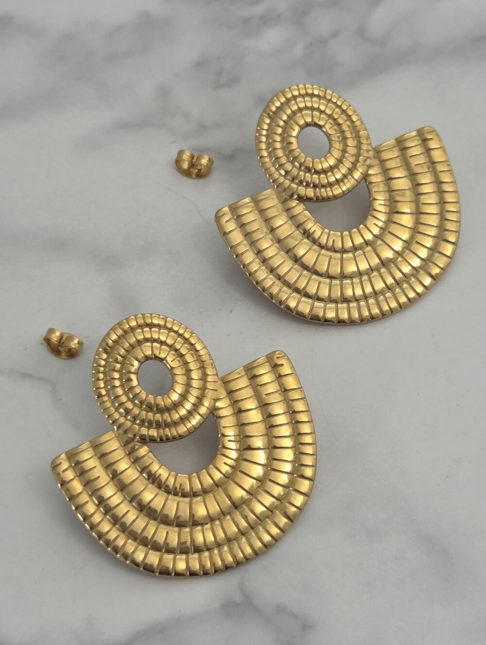 Stainless Steel Gold Textured Geometric Fan Drop Earrings - Picture 5 of 11